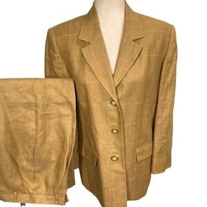 Talbots Pant Suit Womens Blazer 10 Pants 8 Golden Tan Herringbone Plaid Linen